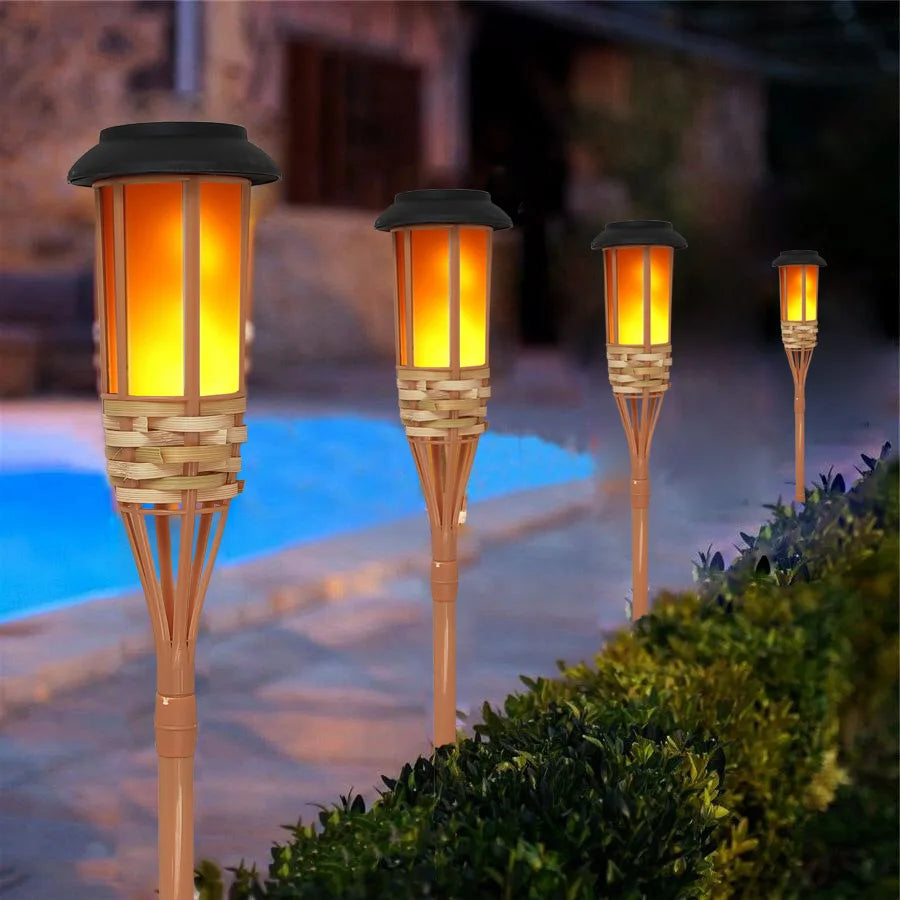 Lampes solaires LED effet flamme, fabriquées à la main en bambou, étanches
