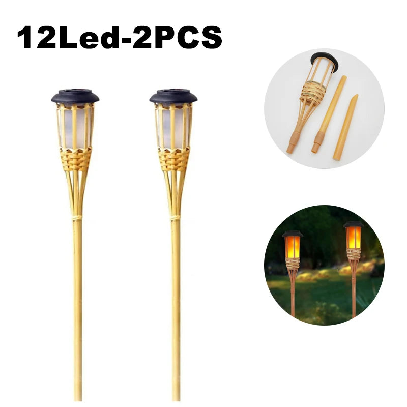 Lampes solaires LED effet flamme, fabriquées à la main en bambou, étanches
