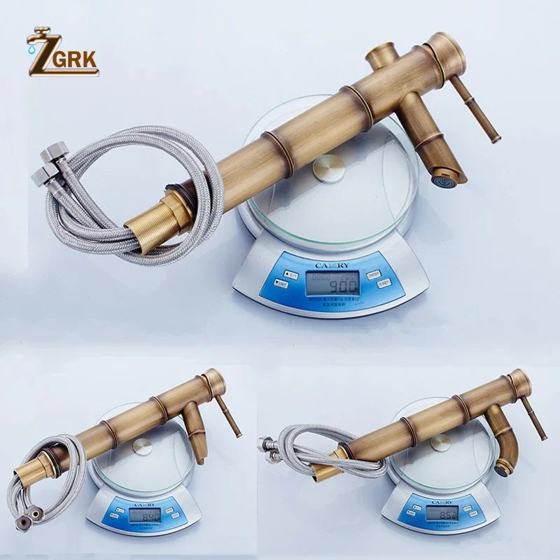 Robinet de salle de bain ZGRK, robinet de lavabo en laiton, robinet de luxe, grand robinet en bambou, eau chaude et froide avec deux flexibles