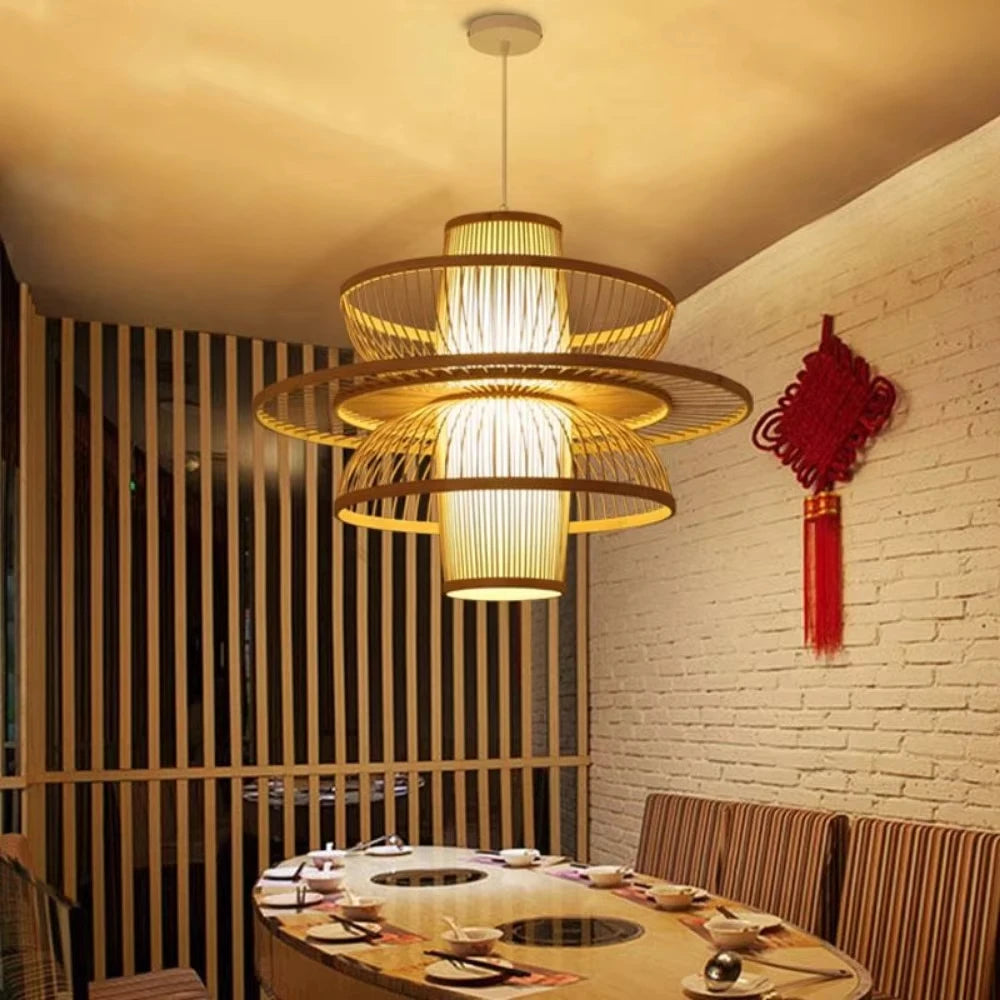 Lampe suspendue en bambou pastoral en bambou Éclairage de restaurant en bois Style chinois