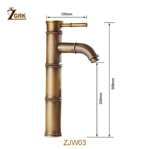 Robinet de salle de bain ZGRK, robinet de lavabo en laiton, robinet de luxe, grand robinet en bambou, eau chaude et froide avec deux flexibles