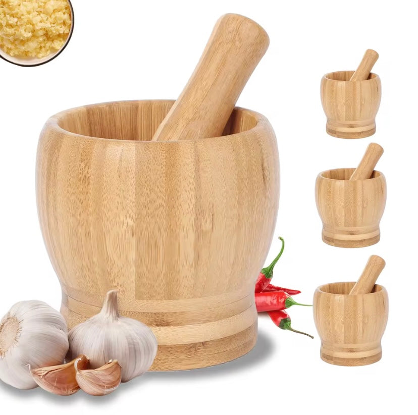 Ensemble mortier et pilon en bambou, broyeur d'ail, broyeur d'herbes et d'épices