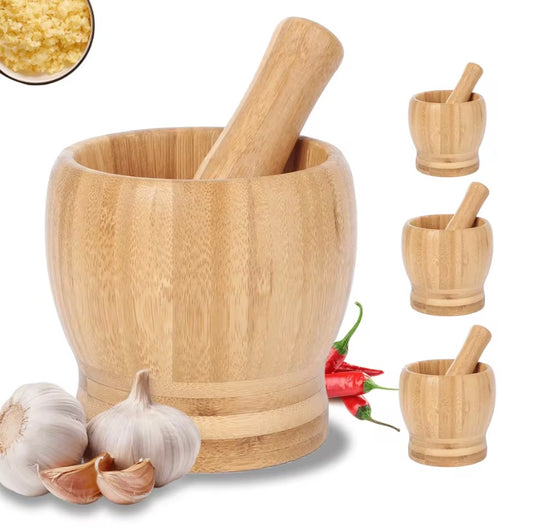 Ensemble mortier et pilon en bambou, broyeur d'ail, broyeur d'herbes et d'épices
