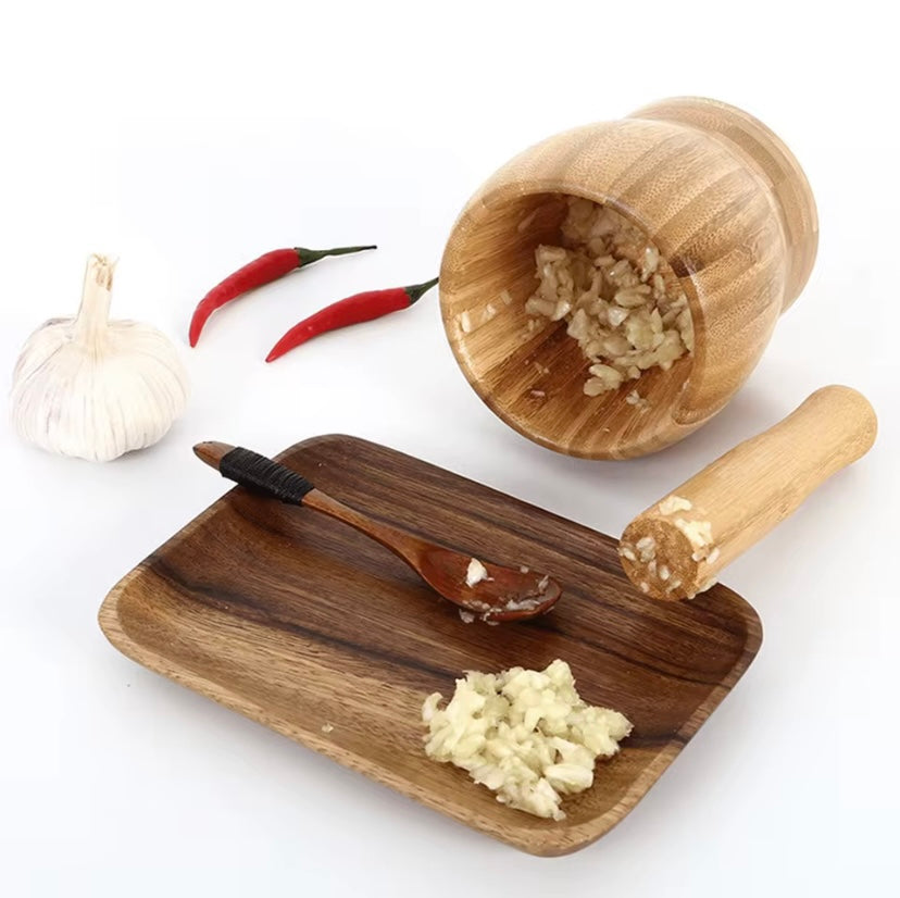 Ensemble mortier et pilon en bambou, broyeur d'ail, broyeur d'herbes et d'épices