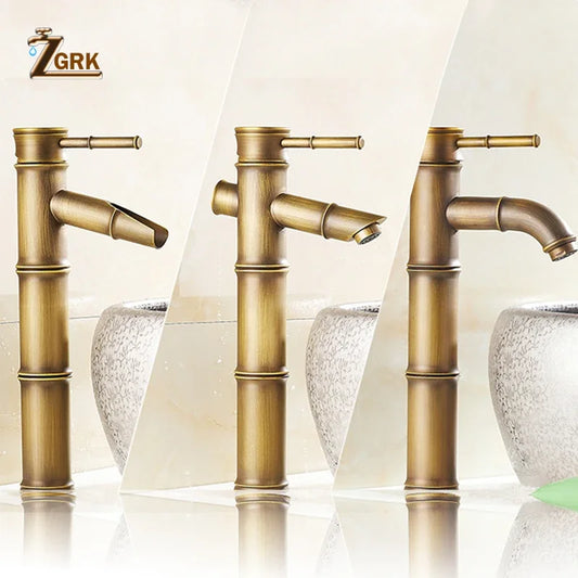 Robinet de salle de bain ZGRK, robinet de lavabo en laiton, robinet de luxe, grand robinet en bambou, eau chaude et froide avec deux flexibles